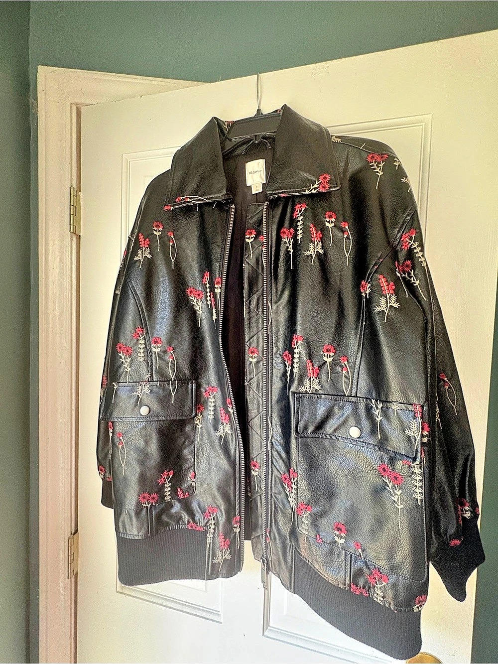 Never worn maeve Faux-Leather Floral-Embroidered Bomber Jacket Black & Red Small